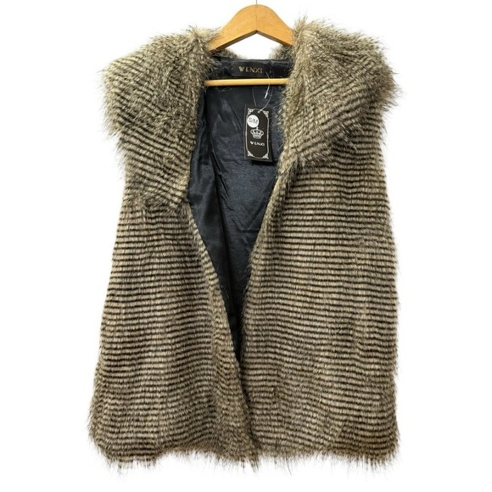 NEW Wenxi Faux Fur Vest‎ Women S/M Pre-Owned Brown Striped Collar Glam Pockets